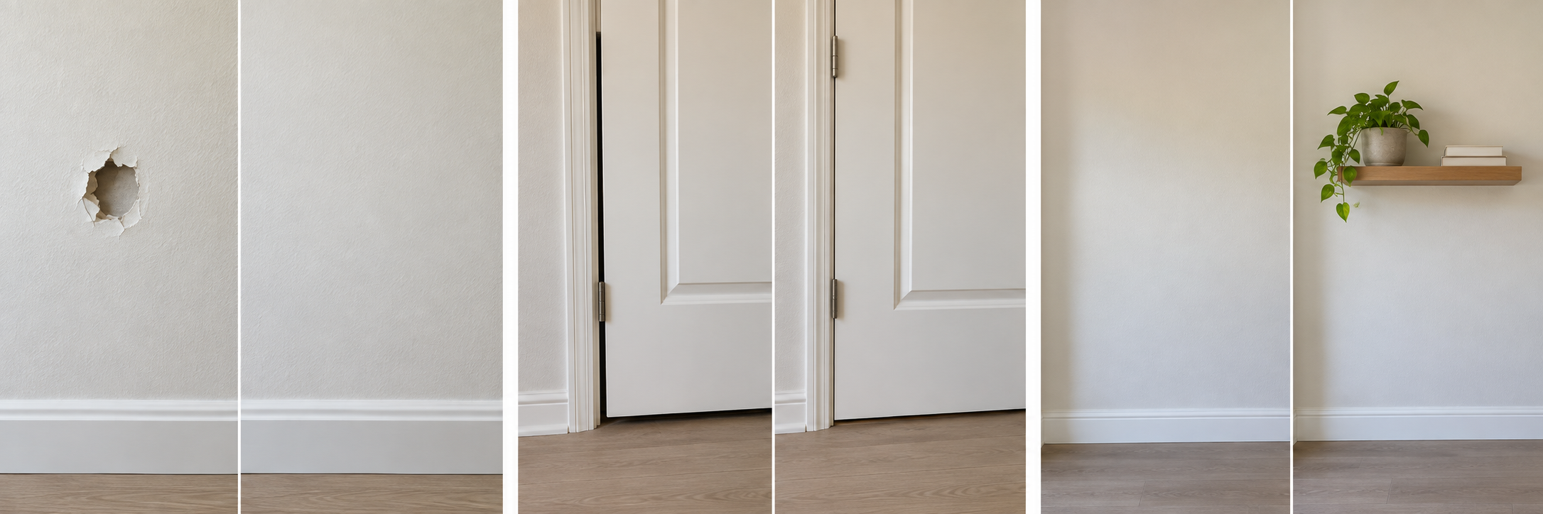 Illustrative before and after examples of drywall repair, door adjustment, and shelf mounting